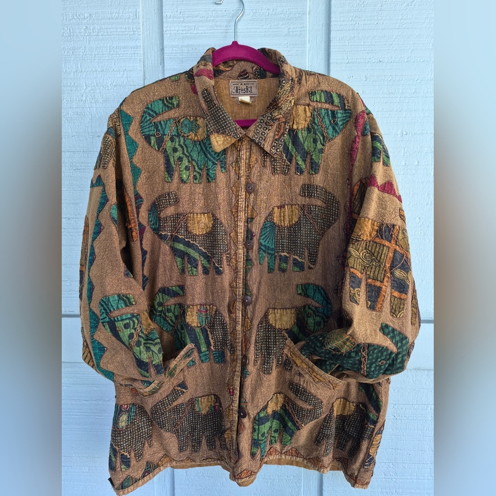 Elephants VTG 90s Treska Cotton Applique Jacket XL Pockets Artsy Hippie Boho